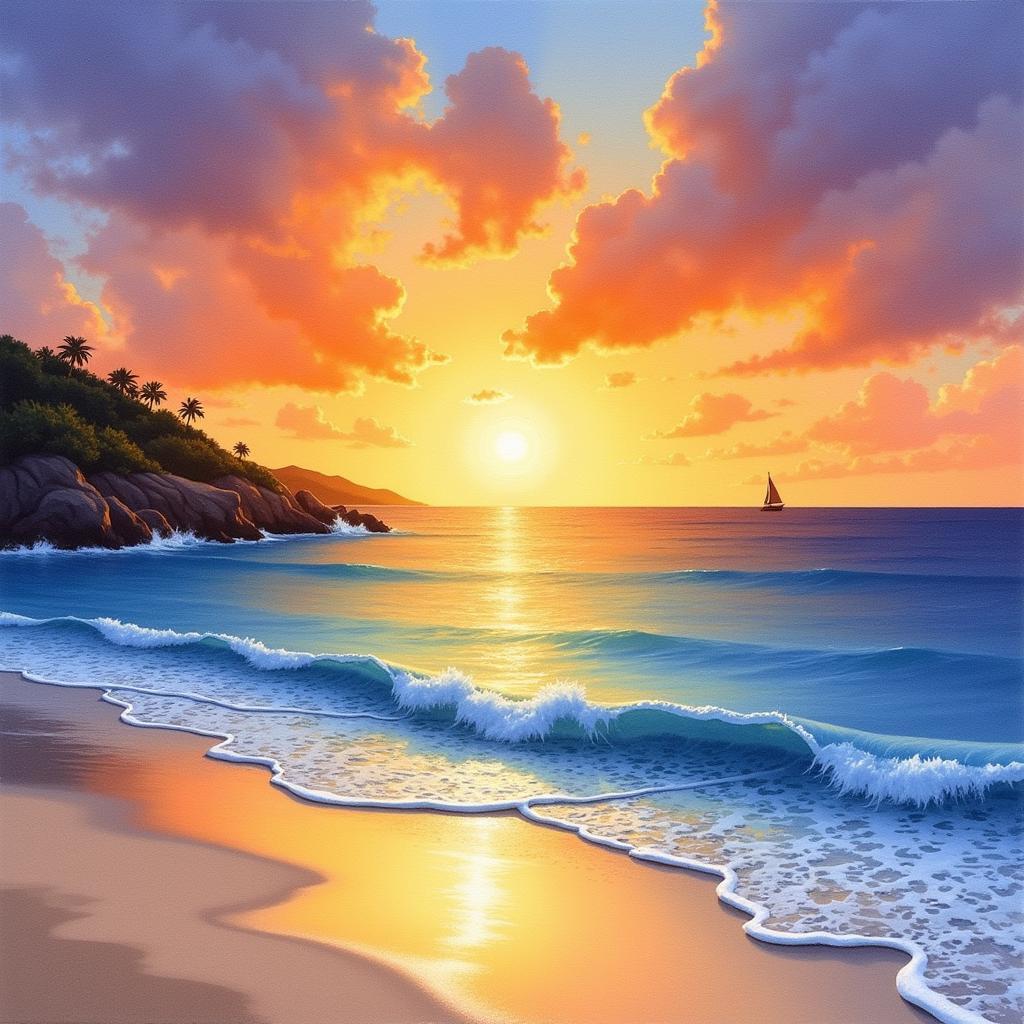 Vibrant watercolor painting of a sunset over a tranquil beach, showcasing the blend of warm and cool colors, reflecting the serene atmosphere of the coastal landscape.