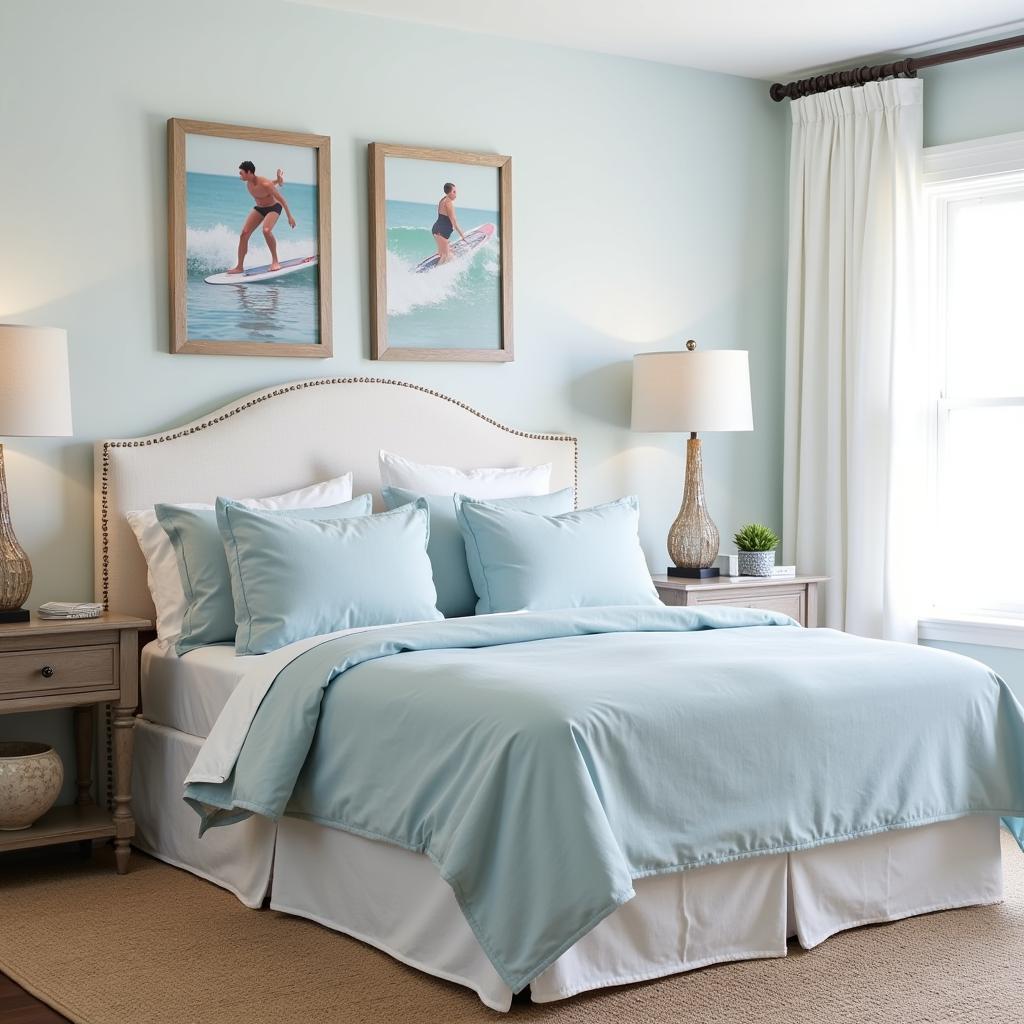 Beach-themed bedroom with surfing wall art