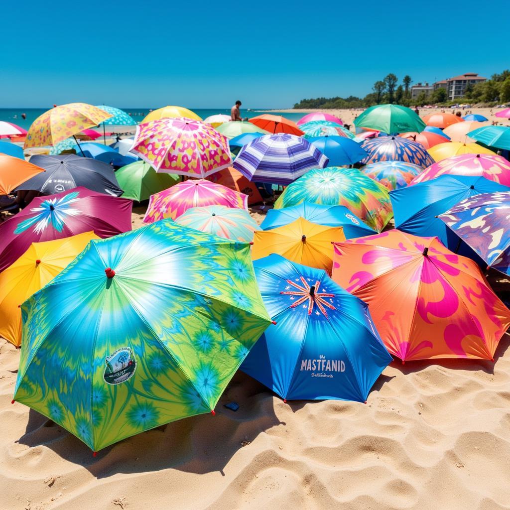 Colorful beach umbrellas with unique designs add a vibrant pop to the beach scene.