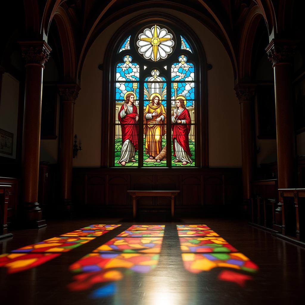 Stained glass window depicting a biblical scene in a church, showcasing the vibrant colors and intricate details of Christian art.