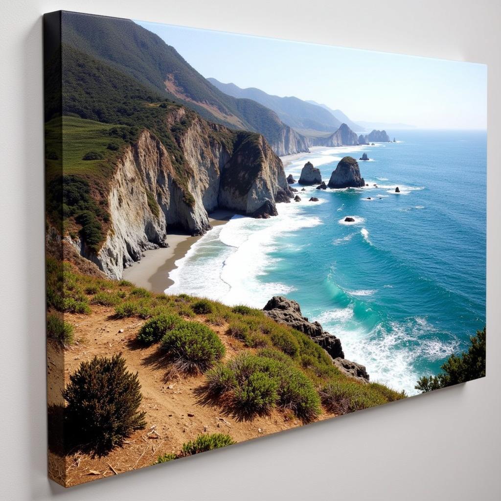 Big Sur Coastline Wall Art Canvas Prints: A breathtaking view of the rugged Big Sur coastline, featuring dramatic cliffs, crashing waves, and vibrant hues of blue and green, captured in a large canvas print, perfect for adding a touch of coastal serenity to any living space.