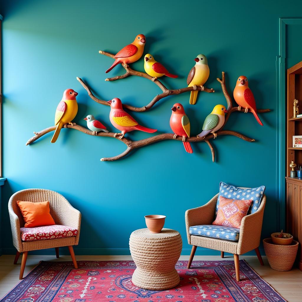 Colorful ceramic bird sculpture wall art, featuring a collection of vibrant birds perched on branches, perfect for adding a pop of color to a room.