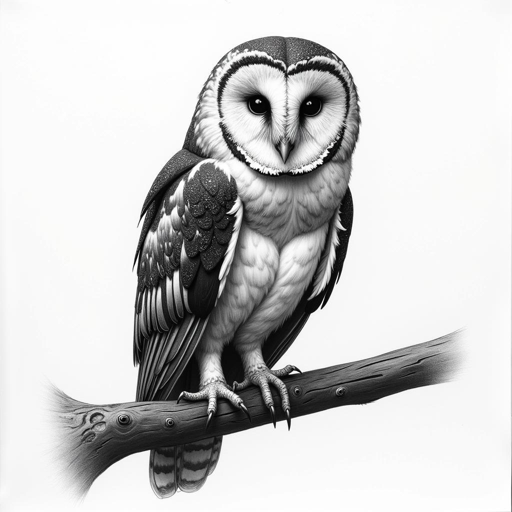 Charcoal drawing of a Barn Owl perched on a branch, highlighting the texture of its feathers and the intensity of its stare