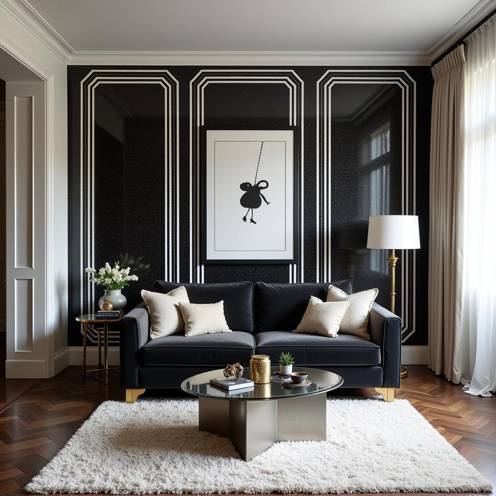 Black and White Art Deco Wallpaper in a Living Room