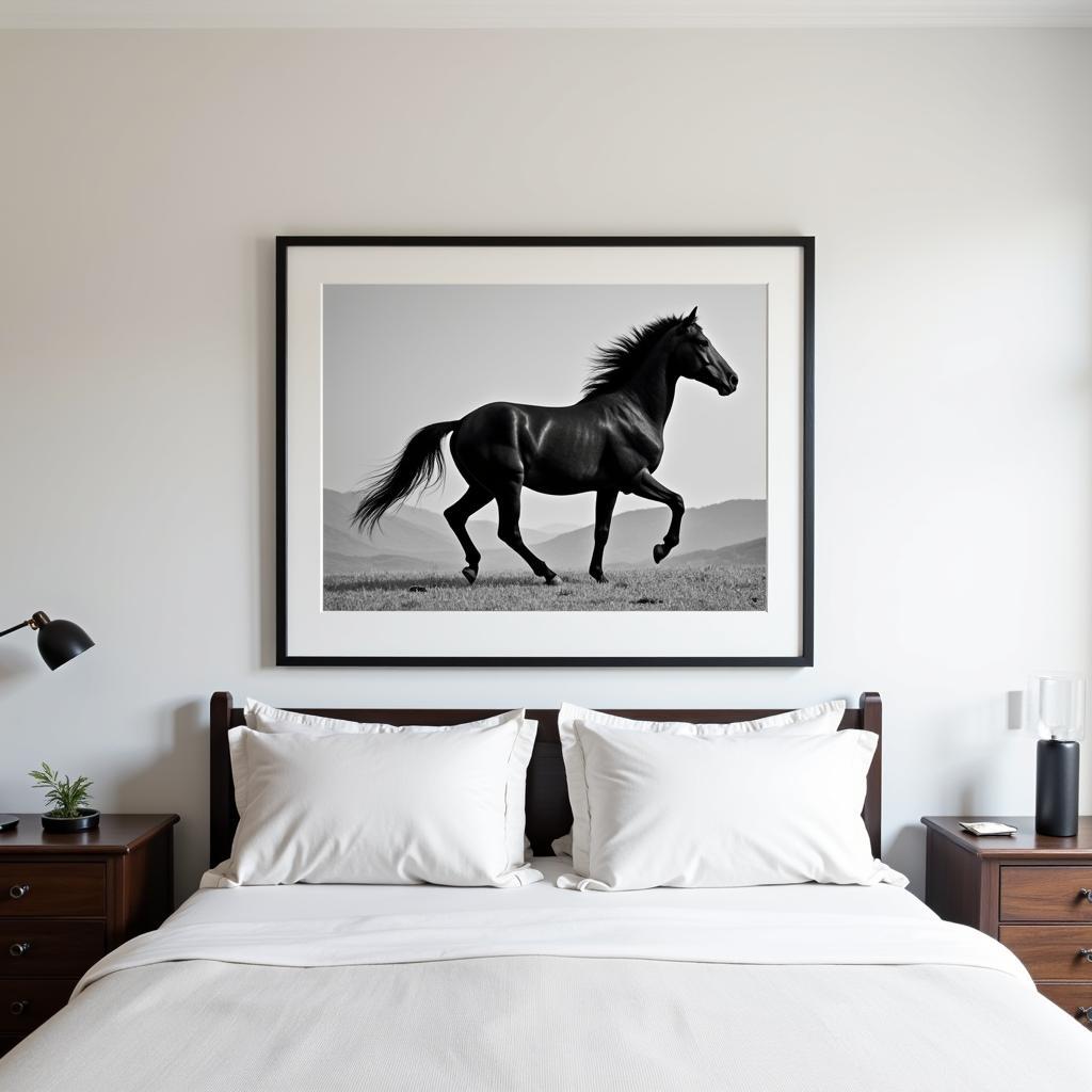 Black framed horse wall art in a modern bedroom