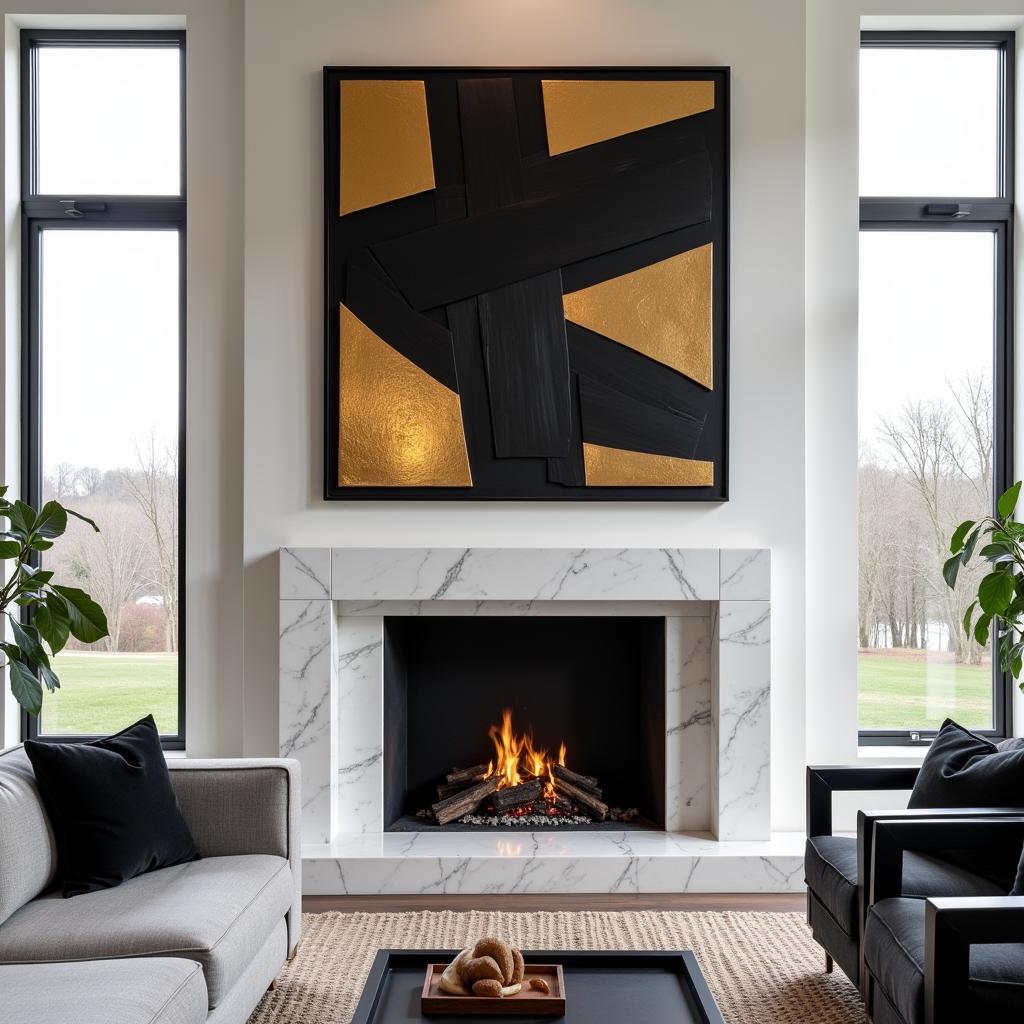 Geometric Black and Gold Wall Art Above a Fireplace