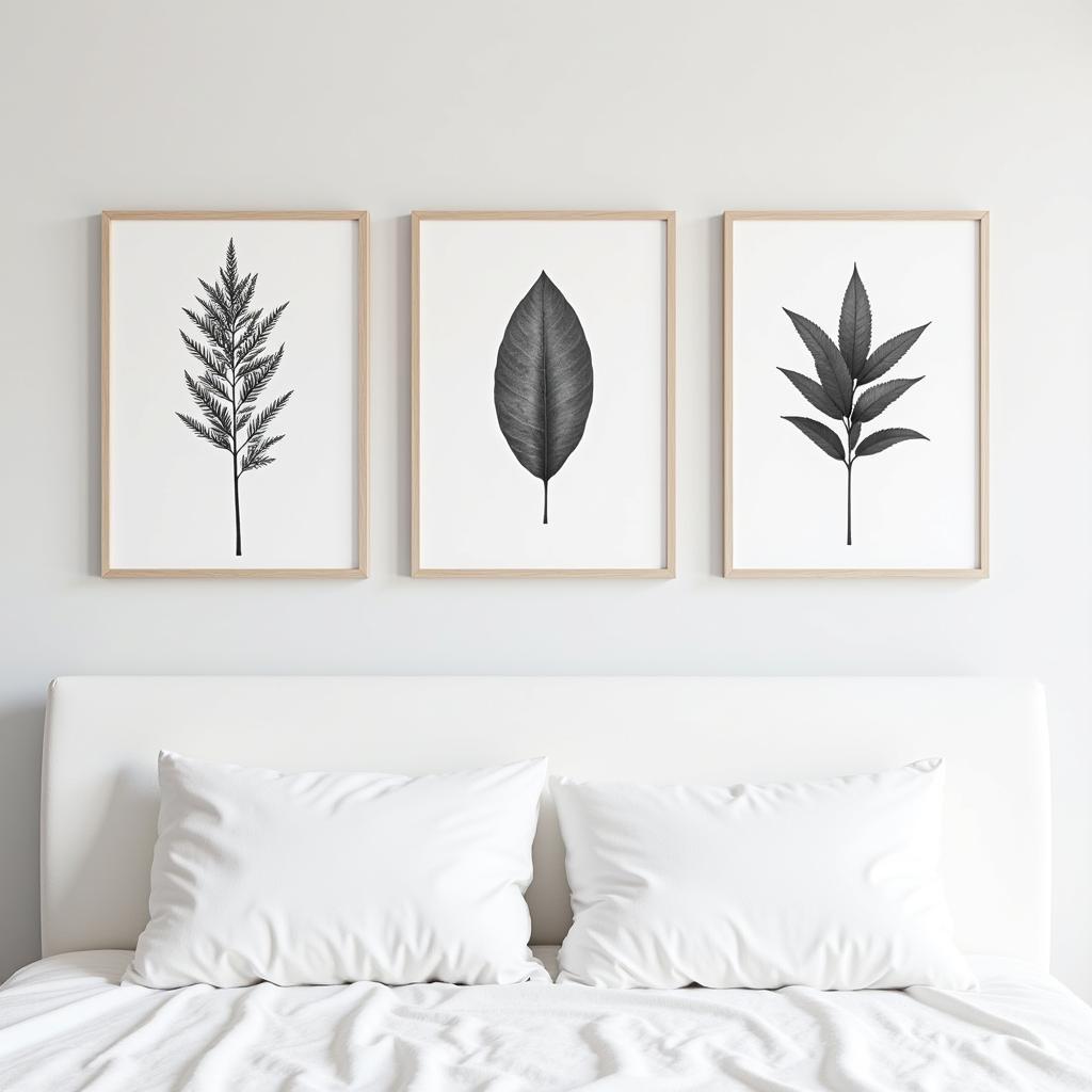 Black and white botanical prints hung above a bed in a bedroom.