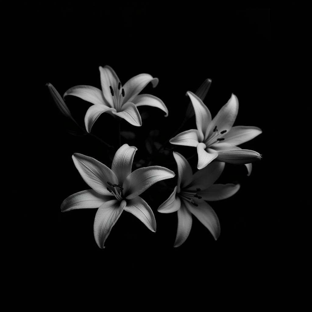 Black and white photograph of lilies against a dark background, emphasizing the contrast and dramatic lighting.