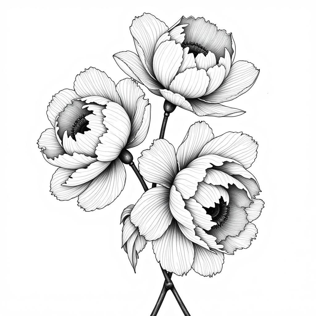 Detailed pen and ink illustration of peonies in black and white, showcasing fine lines and intricate details.