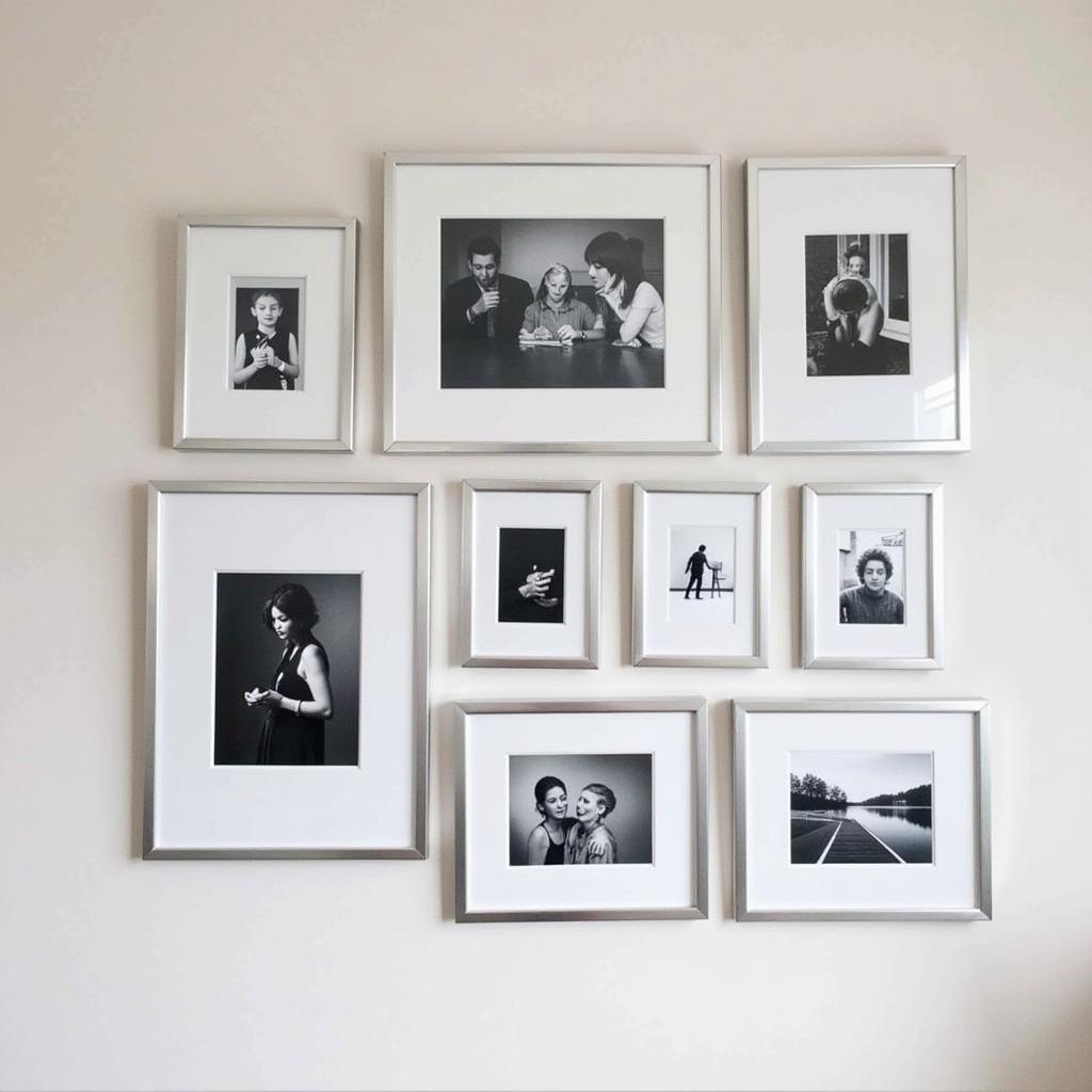 Black and White Photography with Silver Frames in a Gallery Wall