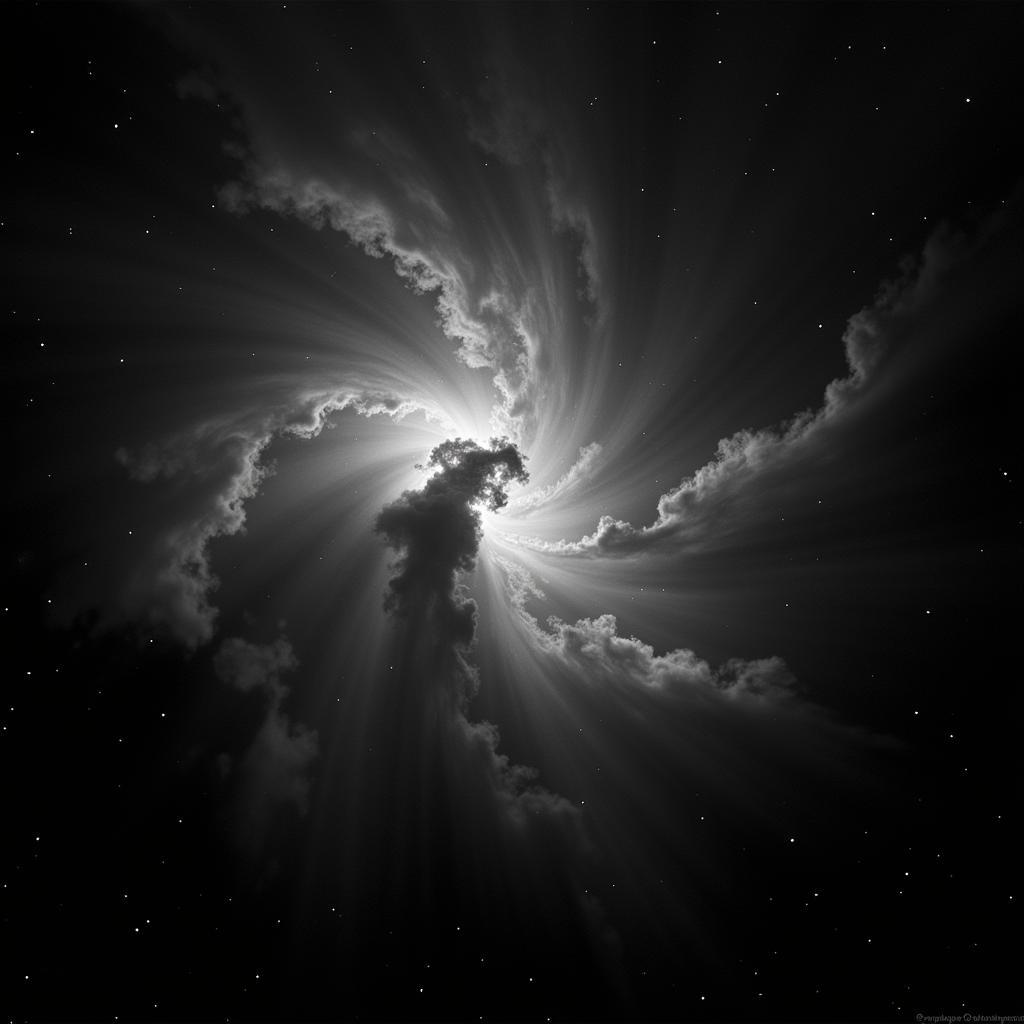 Black and white photograph of a nebula, showcasing intricate details of cosmic dust and gas clouds.