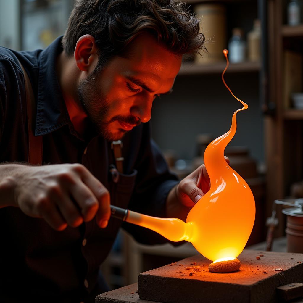 A blown glass artist meticulously shaping molten glass.