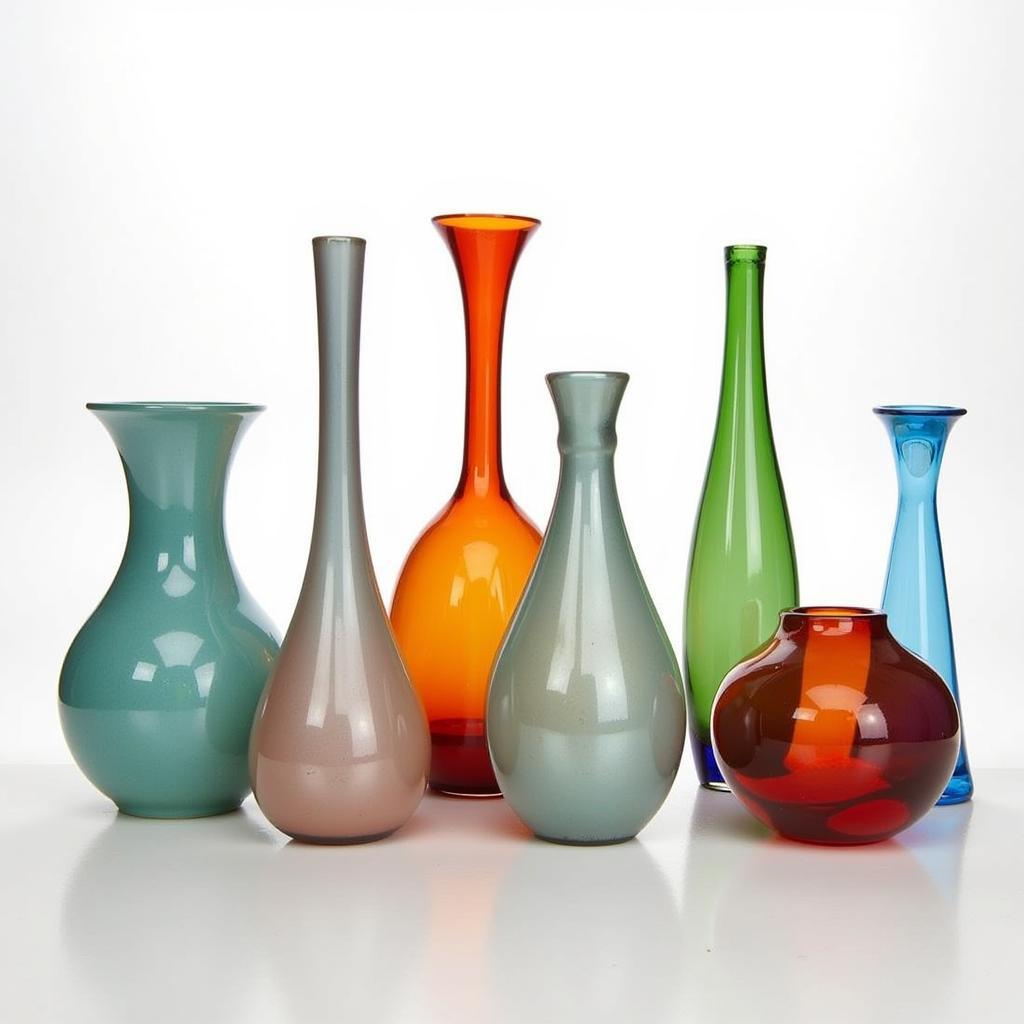 A collection of vibrant blown glass vases in different shapes and sizes.