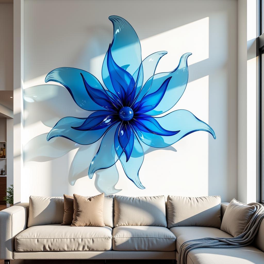 Abstract blue blown glass wall sculpture adding a vibrant touch to a modern living room.