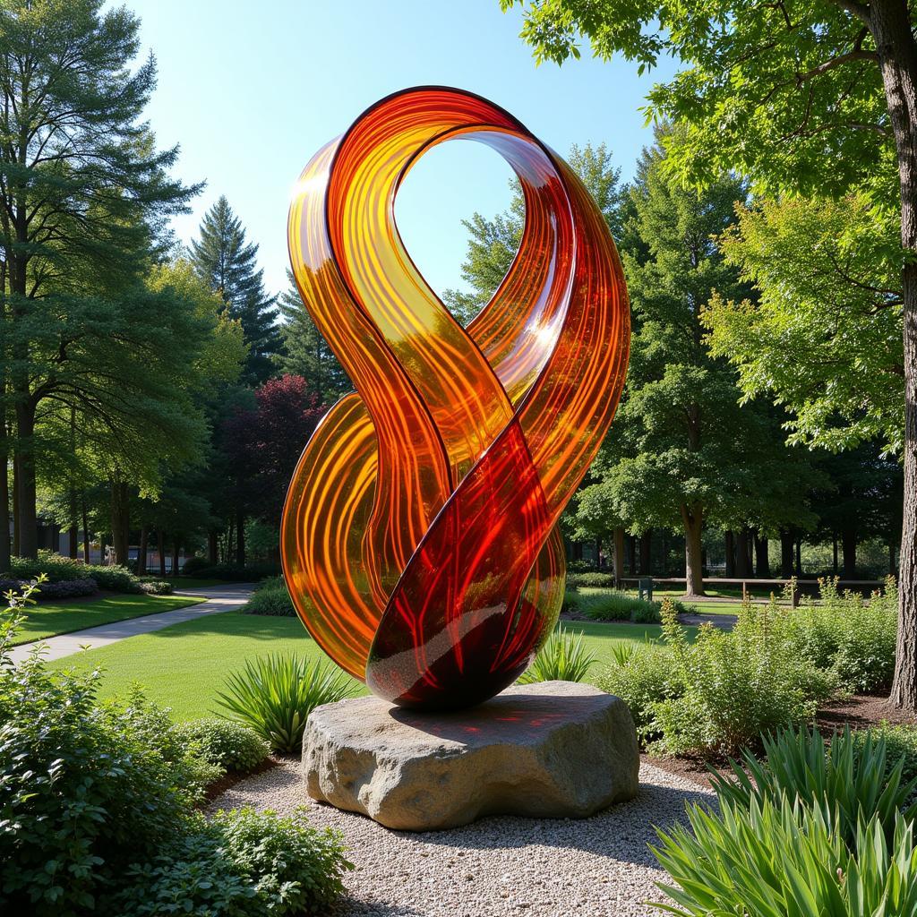 Abstract blown glass sculpture in a modern garden.