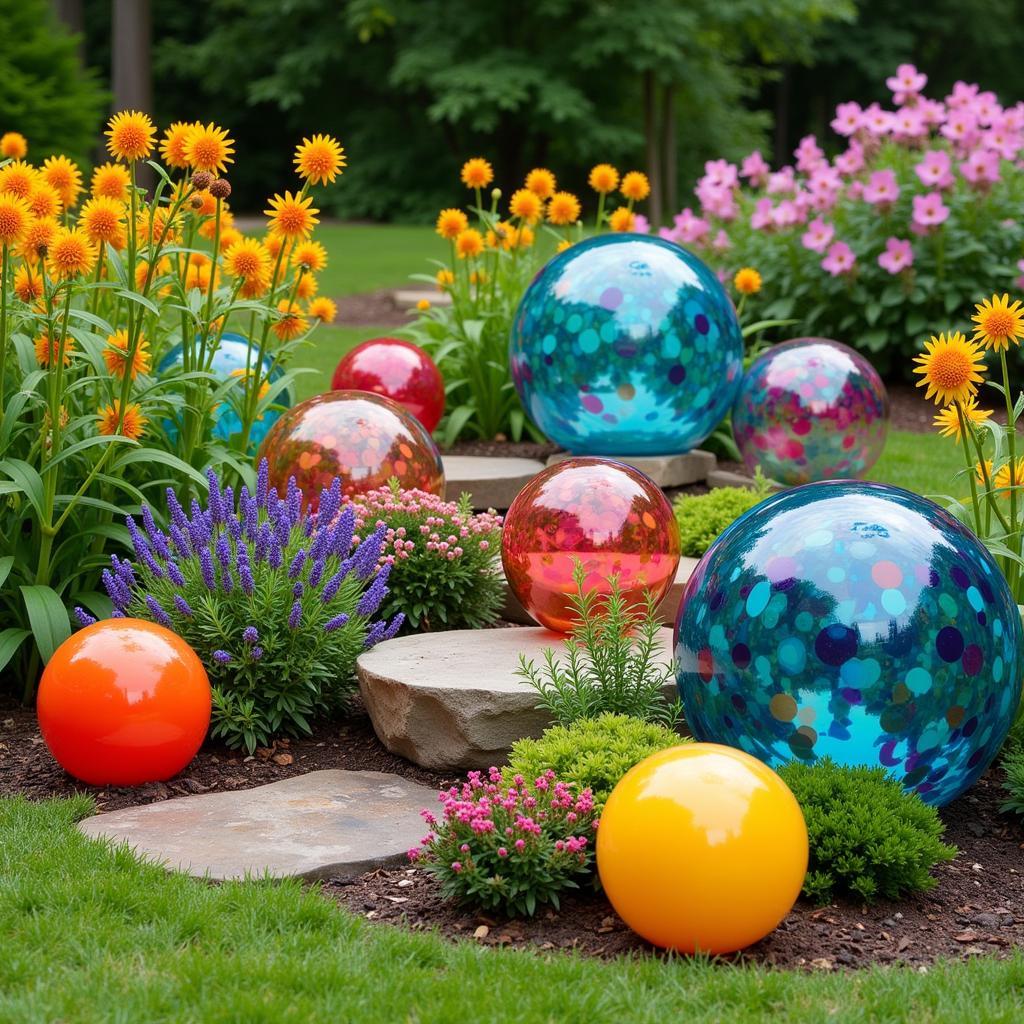 Colorful blown glass spheres placed amongst flowers in a garden setting.