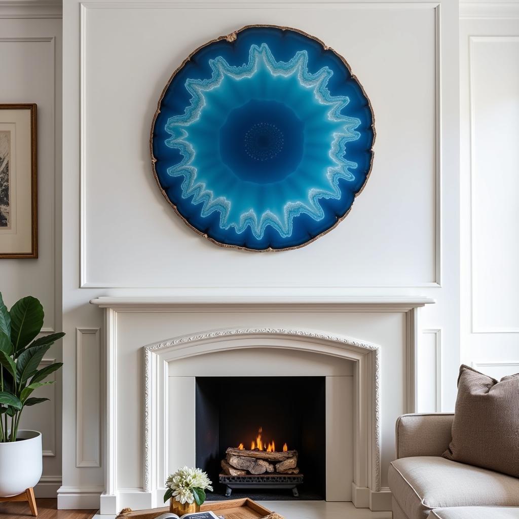 Blue agate wall art adds a touch of elegance to a modern living room