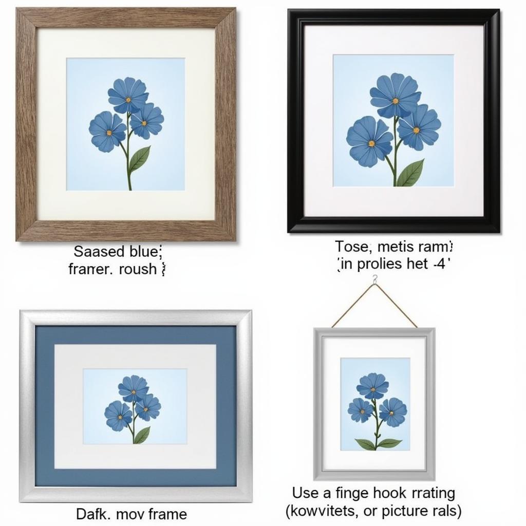 Showcase various framing options for blue flower art prints, including different frame materials, matting styles, and hanging techniques. 