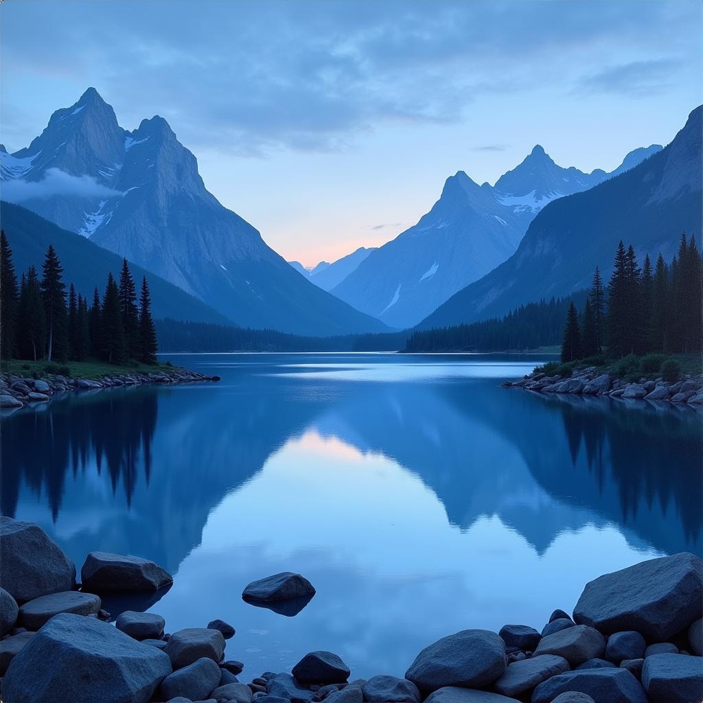 Blue Landscape Painting of a Mountain Lake at Dusk