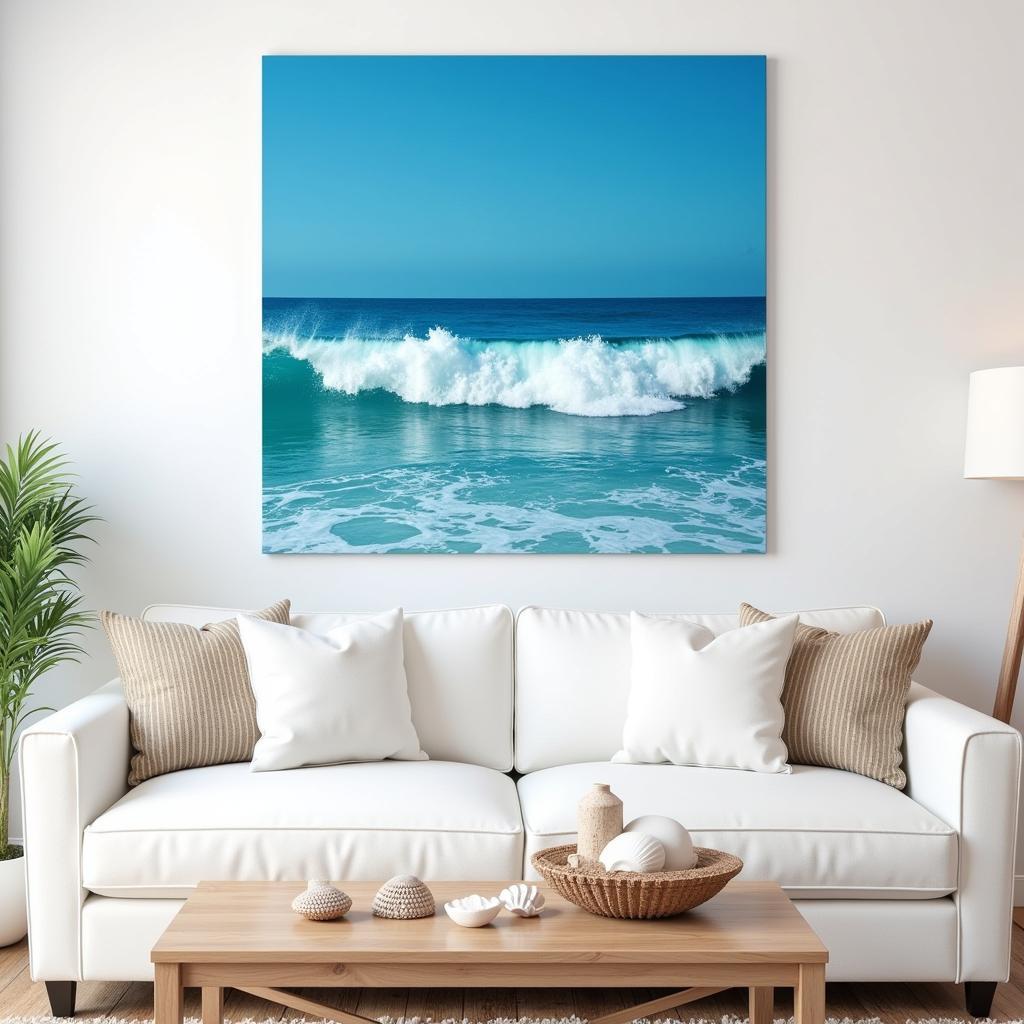 Blue wall art set in a coastal-themed living room