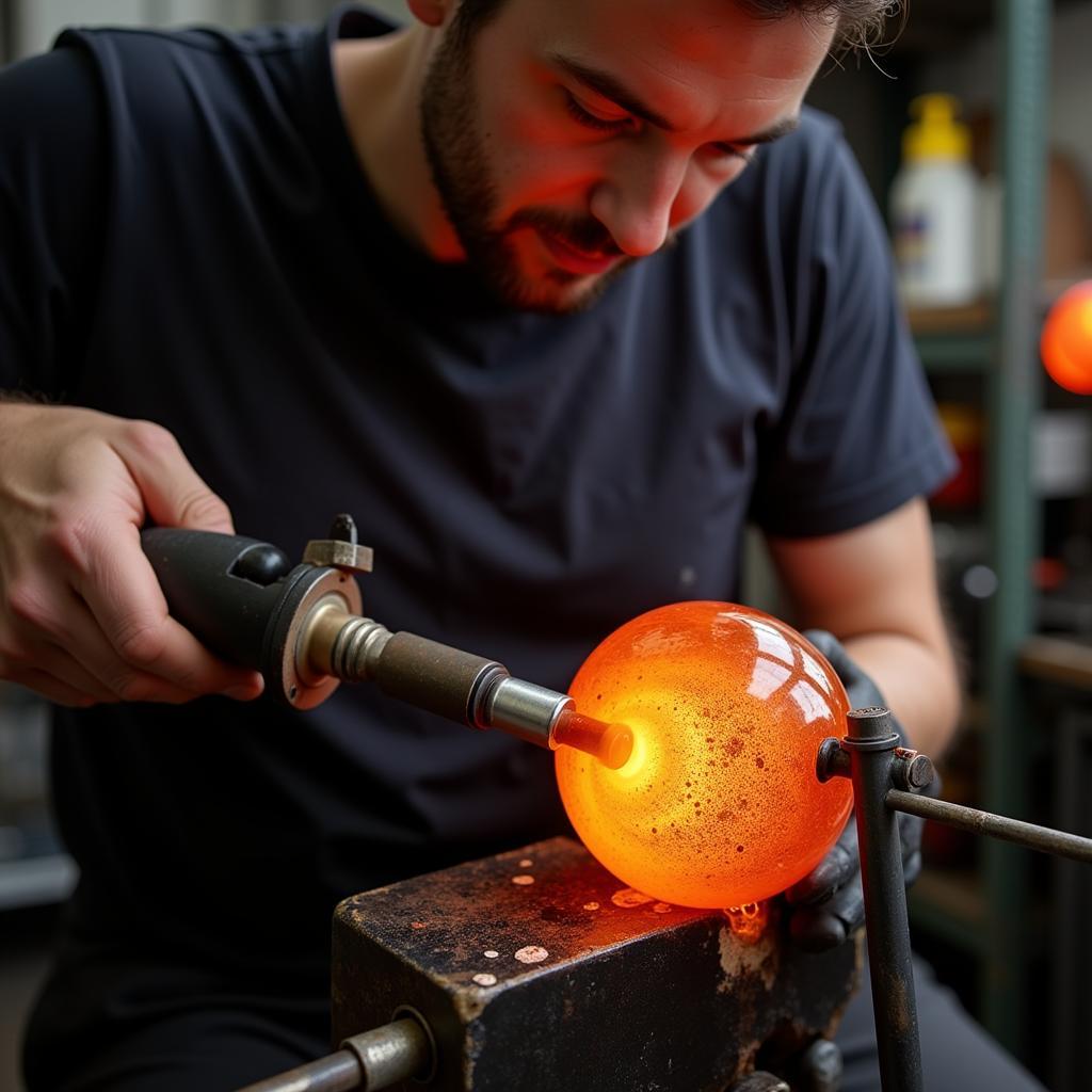 Borosilicate glass blowing demonstration showing the artist shaping molten glass with specialized tools.