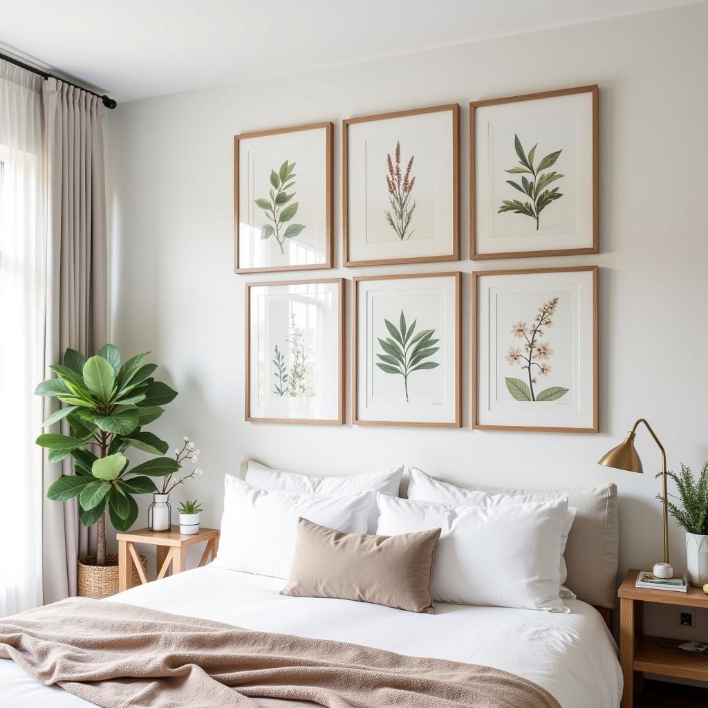 Botanical prints create a gallery wall in a women's bedroom