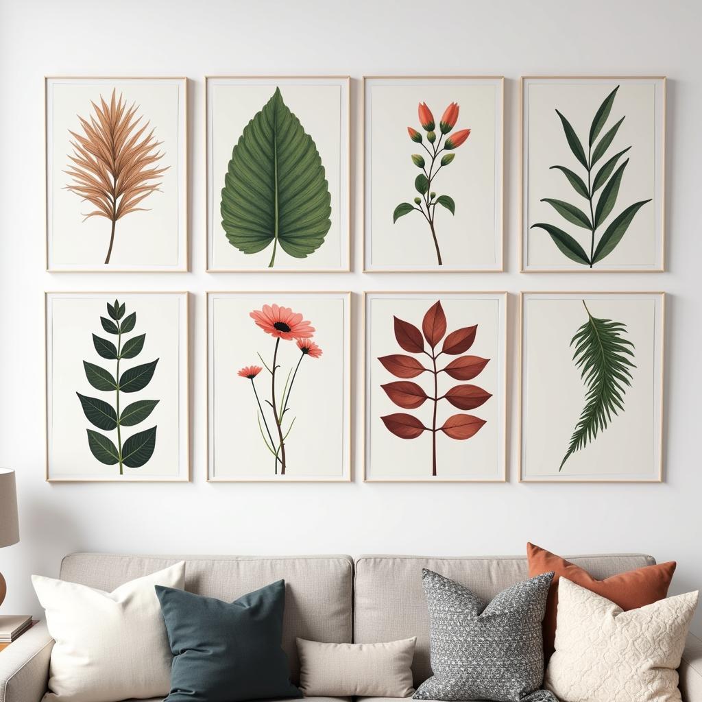 Botanical wall art in various styles, including modern, vintage, and abstract, showcasing diverse color palettes and compositions.