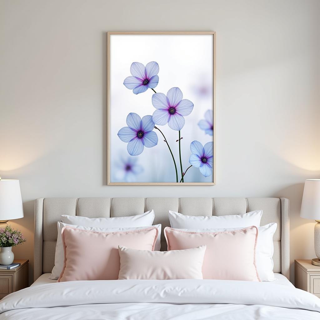 Bright floral wall art in a bedroom