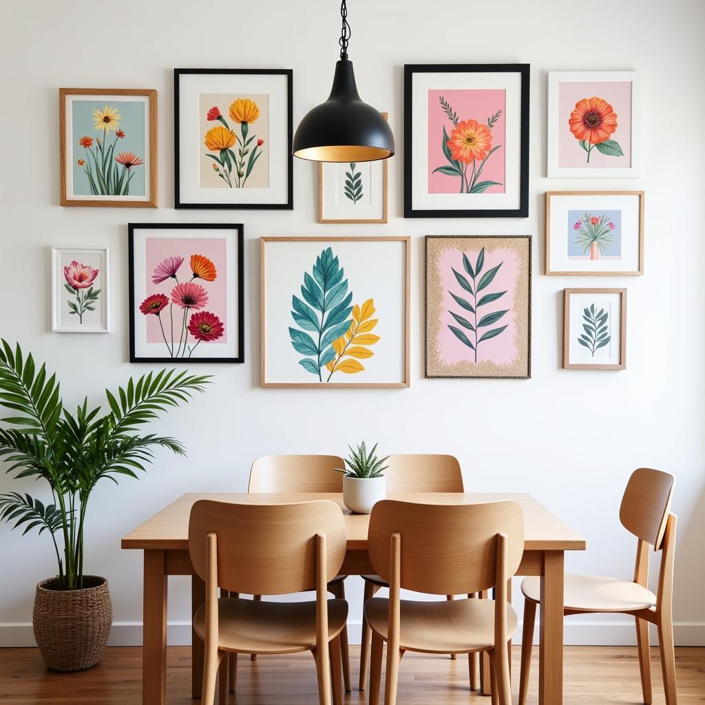 Bright floral wall art in a dining room