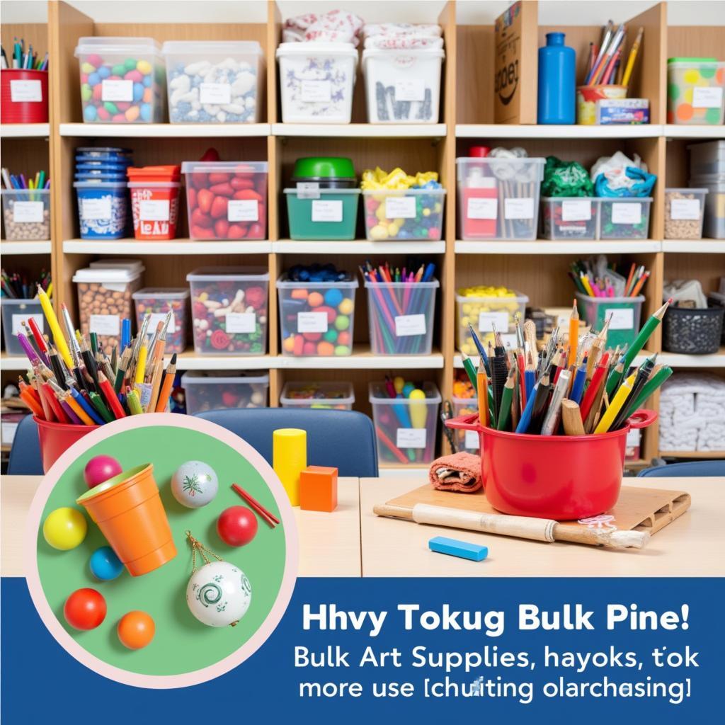 Colorful bulk art supplies organized in a classroom setting