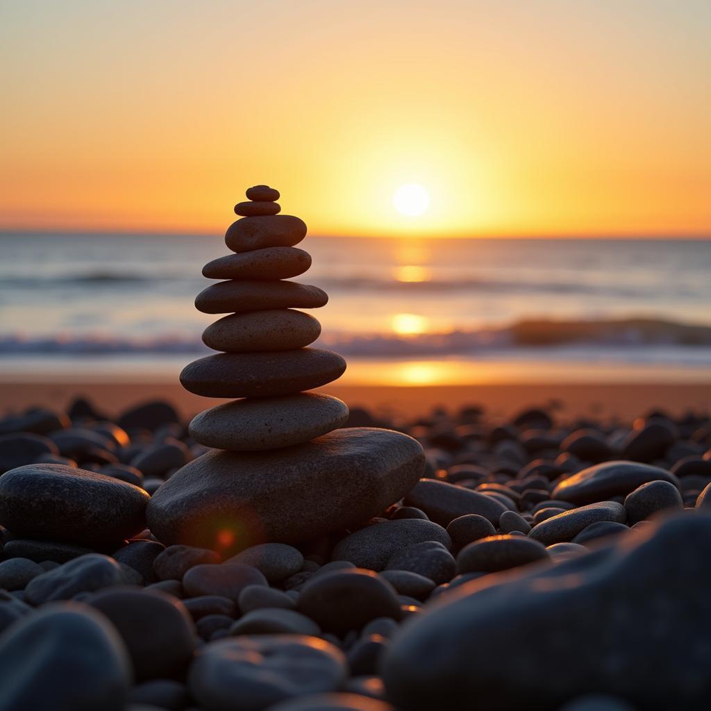 Cairn art on a rocky beach at sunset