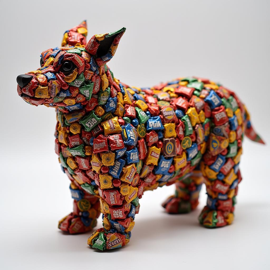 Intricate origami sculpture crafted from folded candy wrappers.