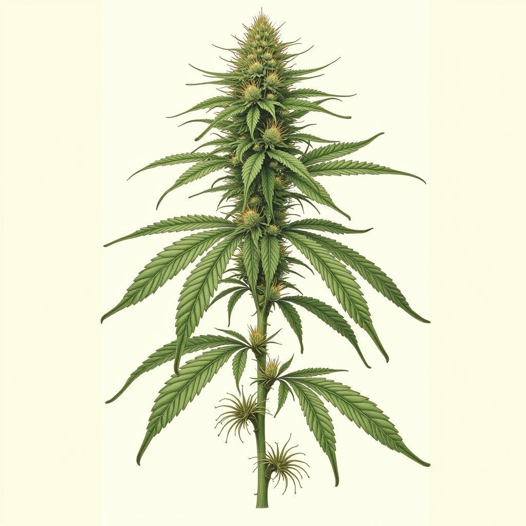 Detailed botanical illustration of a cannabis plant