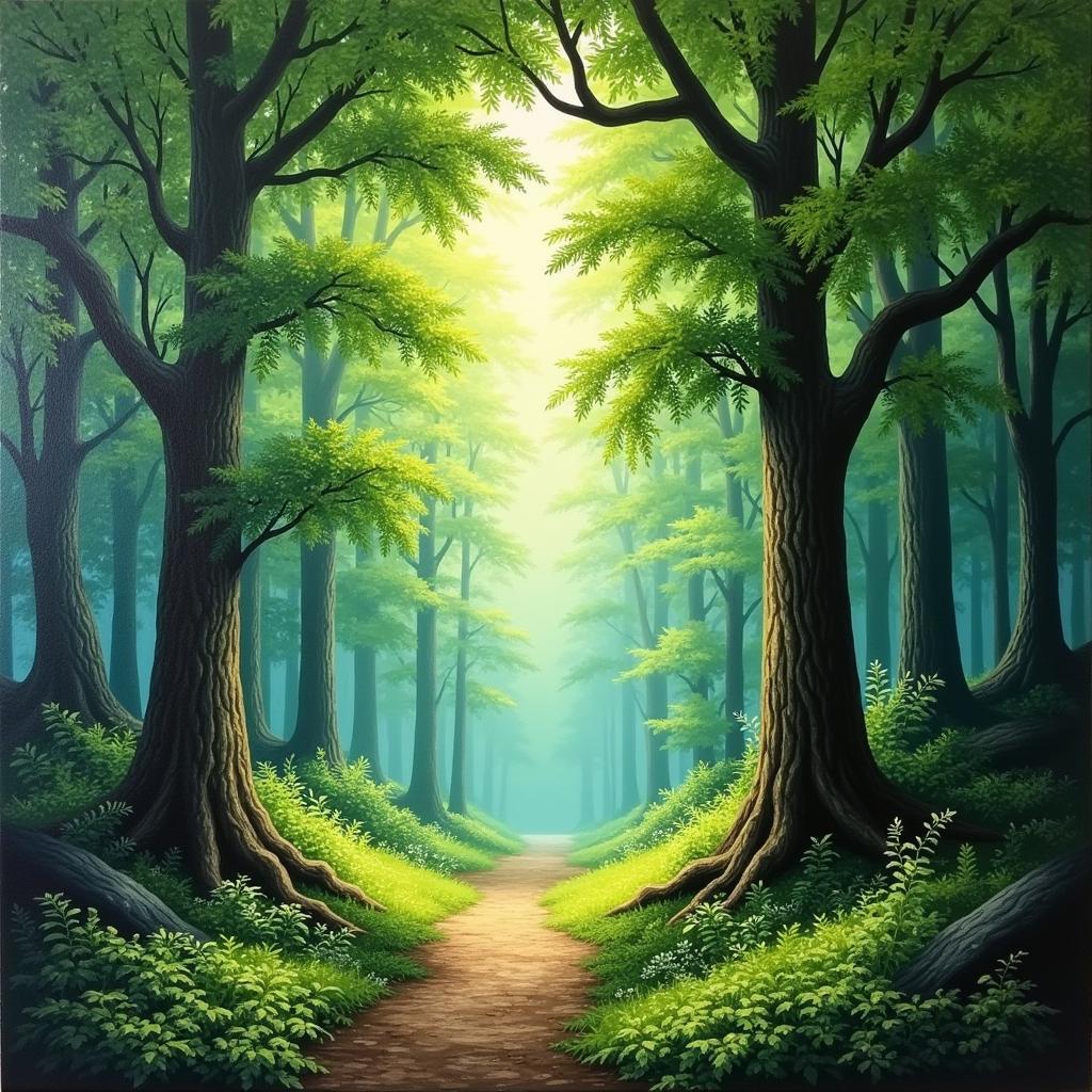 Canvas Nature Art: A Forest Landscape Depicting Lush Greenery and Sunlight Filtering Through the Trees