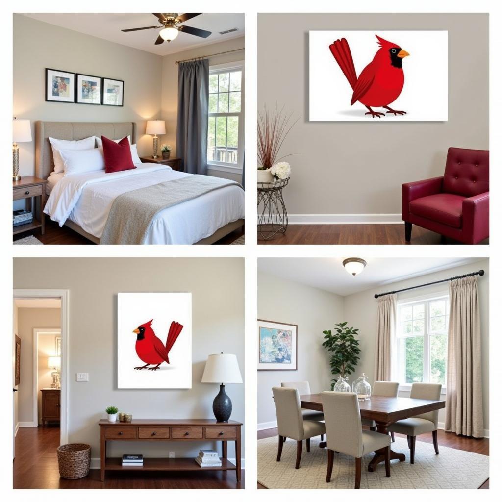 Examples of how cardinal canvas wall art can be incorporated into different rooms.