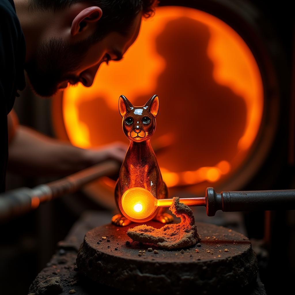 Cat Art Glass Creation Process: A Glassblower Shaping Molten Glass