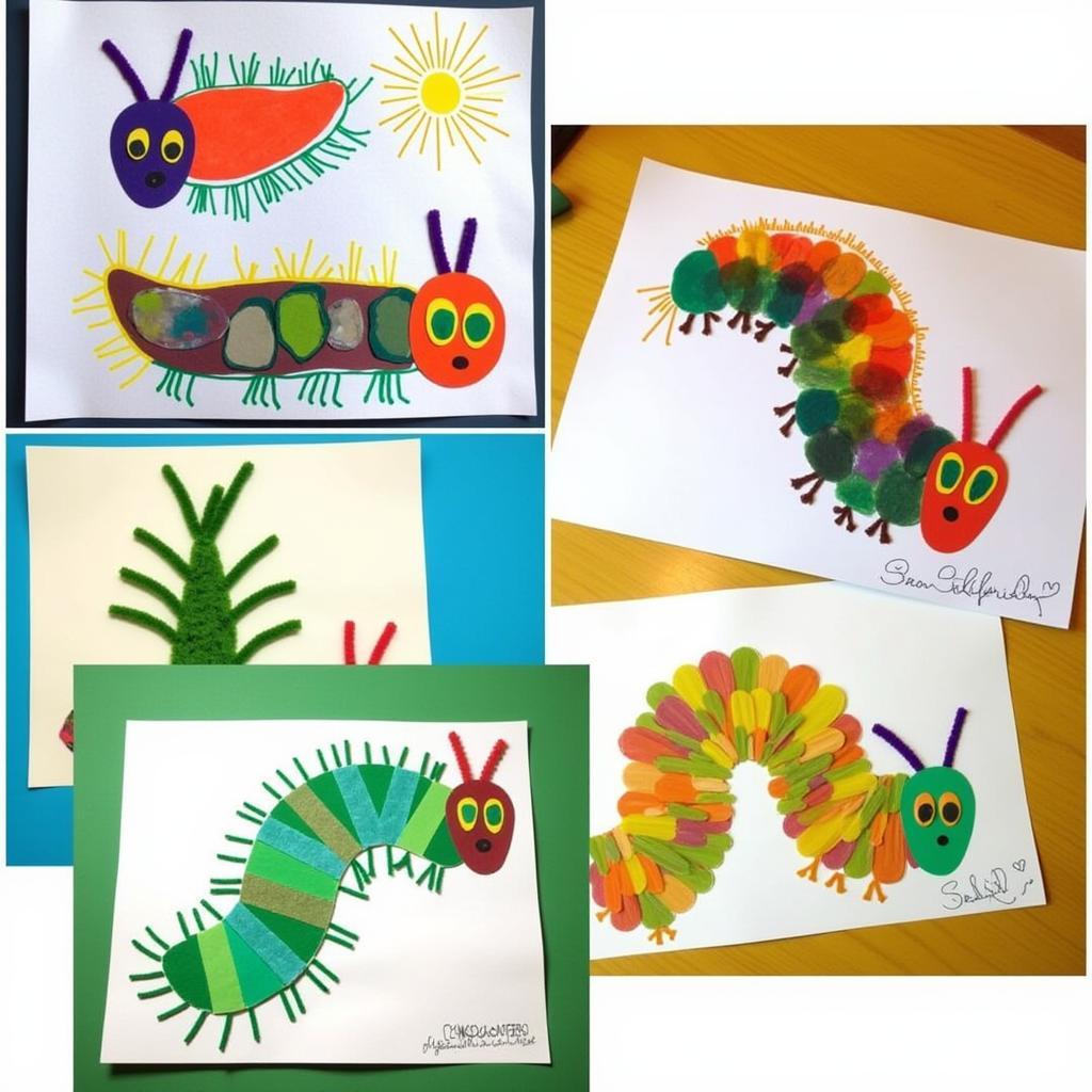 Colorful caterpillar art projects made by children using various materials.