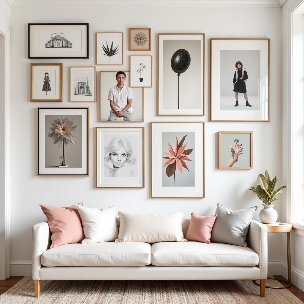 Chic Art Gallery Wall Displaying Diverse Styles and Mediums