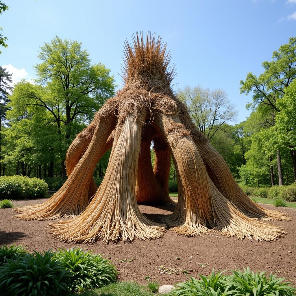 A large fiber art sculpture at the Chicago Botanic Garden made from woven reeds. 