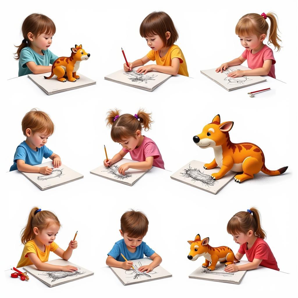 Children practicing different animal drawing techniques