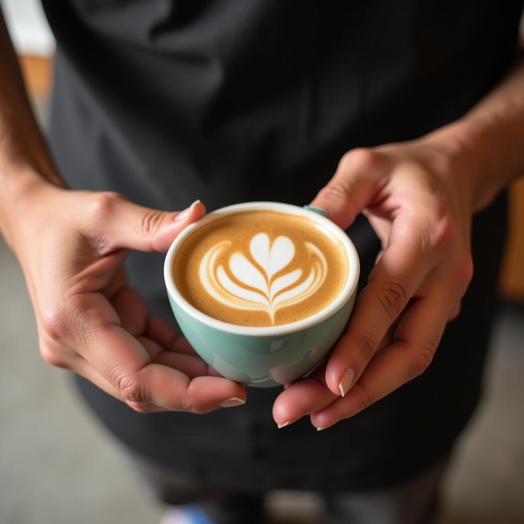 Hands holding a latte art cup, demonstrating the ideal size and grip.