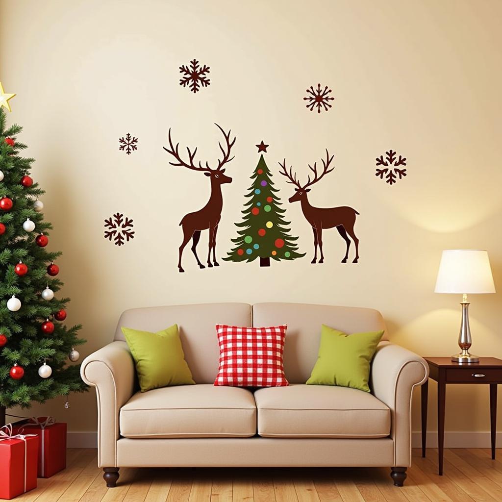 Christmas wall art decals decorating a living room