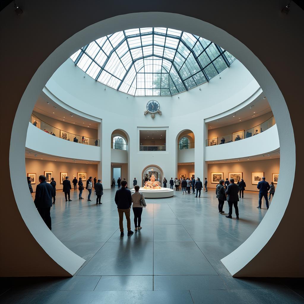 Panoramic view of a circular art gallery with natural light and modern art installations