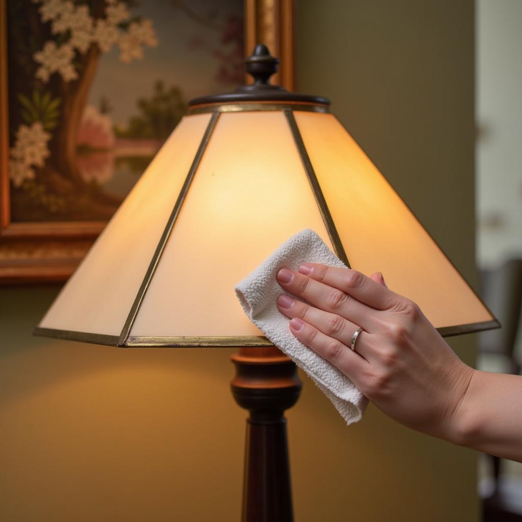 A person carefully cleaning an arts and crafts style floor lamp with a soft cloth.