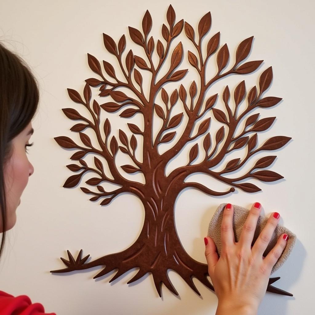 Cleaning copper wall art with a soft cloth