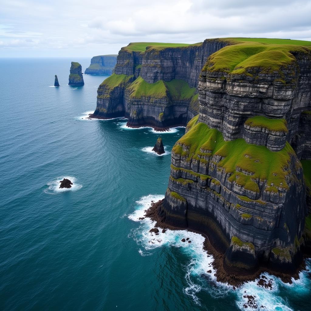 Aerial photograph of the Cliffs of Moher showcasing the dramatic coastline and vast ocean.