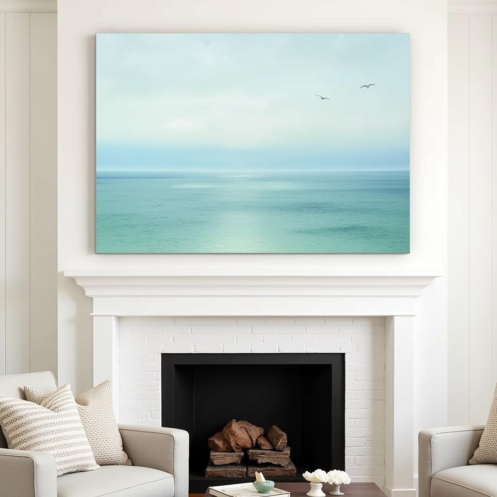 Coastal landscape painting in a beach house setting.