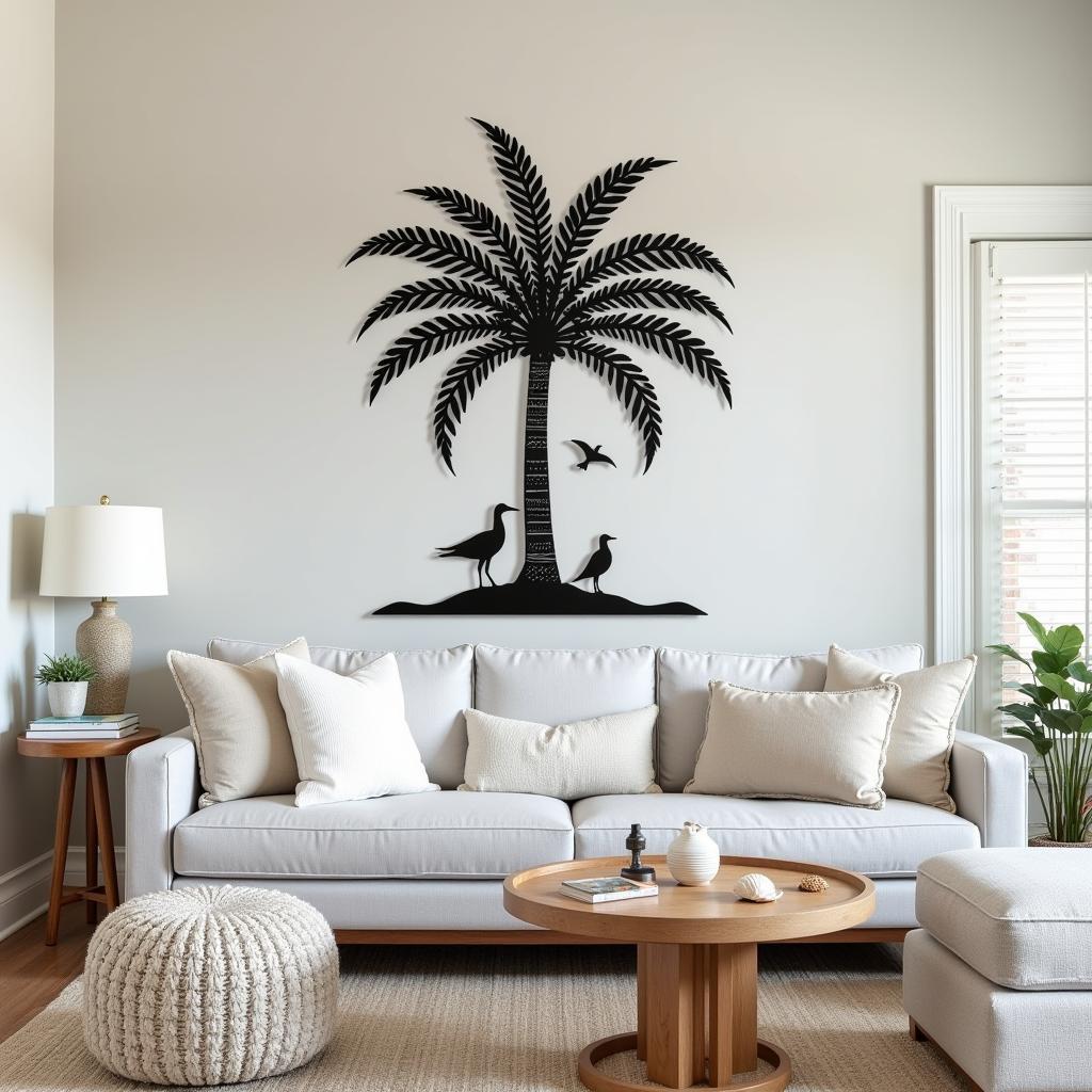 Coastal-themed metal palmetto tree wall decor perfect for a beach house.