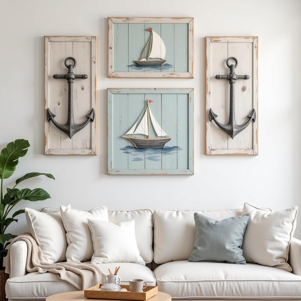 Coastal-Themed Wooden Wall Decor in a Living Room