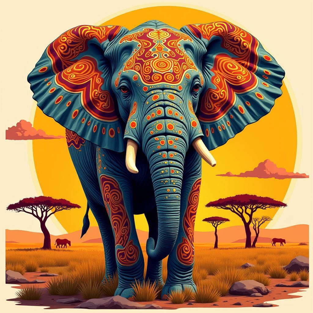 A stylized illustration of an elephant with colorful patterns on its skin, standing in a vibrant savannah landscape